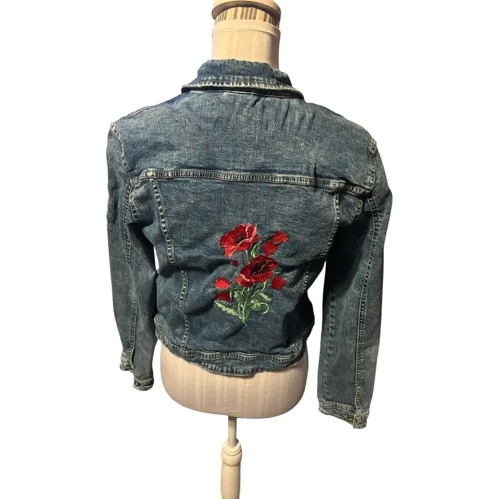 Only Blue Denim Jean Jacket Embroidered Flower Size 42/10